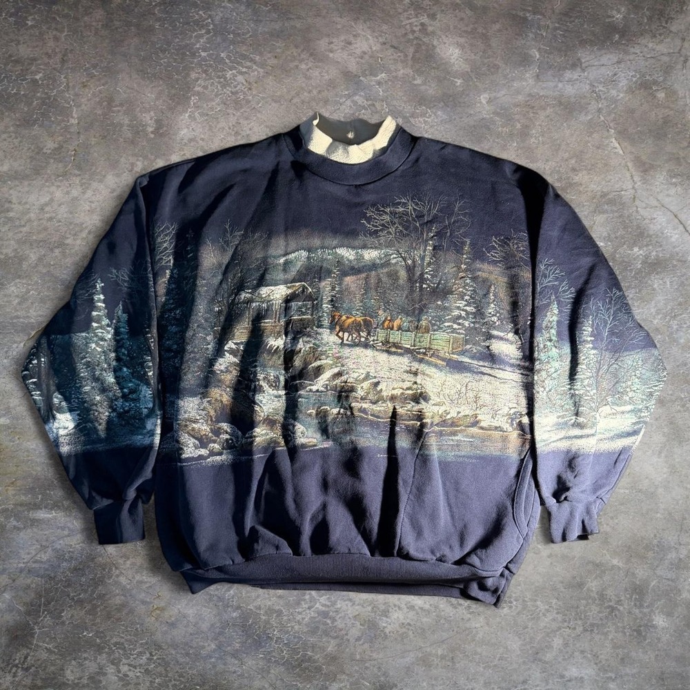 Vintage 90s Art Unlimited All Over Print Winter Horse Sweatshirt XL Made in USA